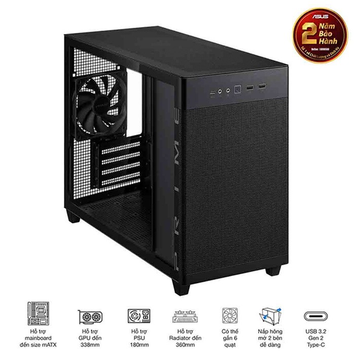 Vỏ Case Mini MicroATX ASUS Prime AP201 MESH TG BLACK (Matx / USB C/ Mặt Kính)