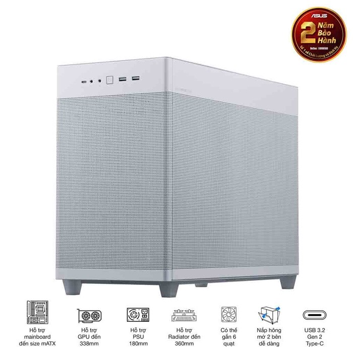 Vỏ Case Mini MicroATX ASUS Prime AP201 MESH TG WHITE (Matx / USB C/ Mặt Kính)